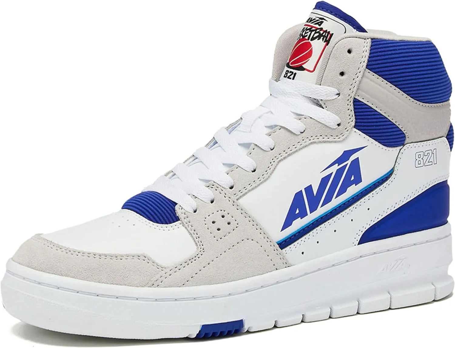 Avia 821 High Top Sneakers for Men, Indoor or Outdoor Mens Basketball Shoes - White/Silver Grey/Navy Blue, 9.5 Medium