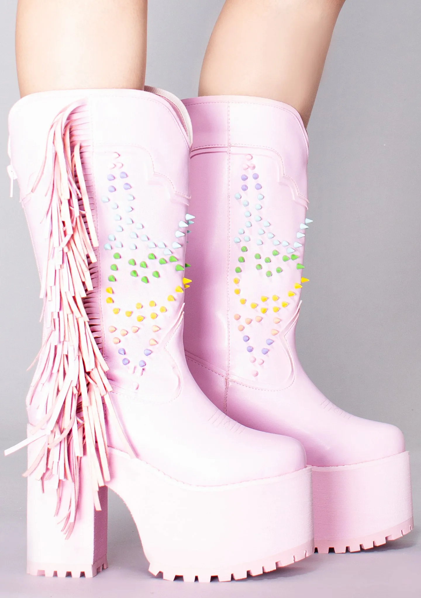 Bad B Fringe Platform Boots in Pink Pastel
