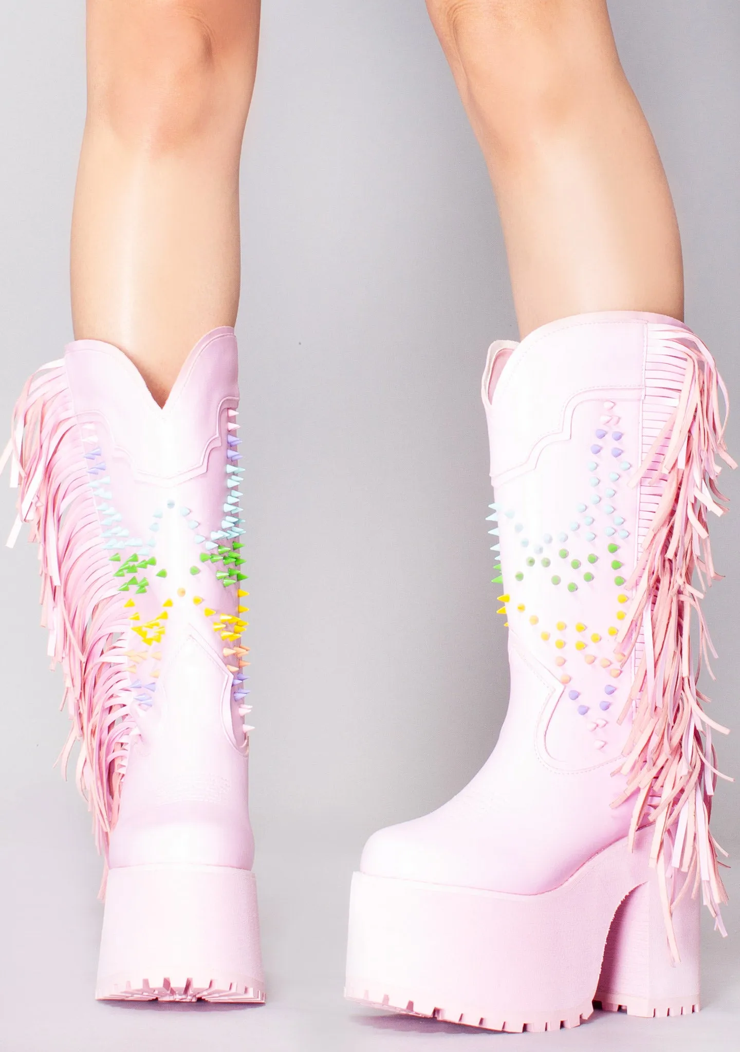 Bad B Fringe Platform Boots in Pink Pastel