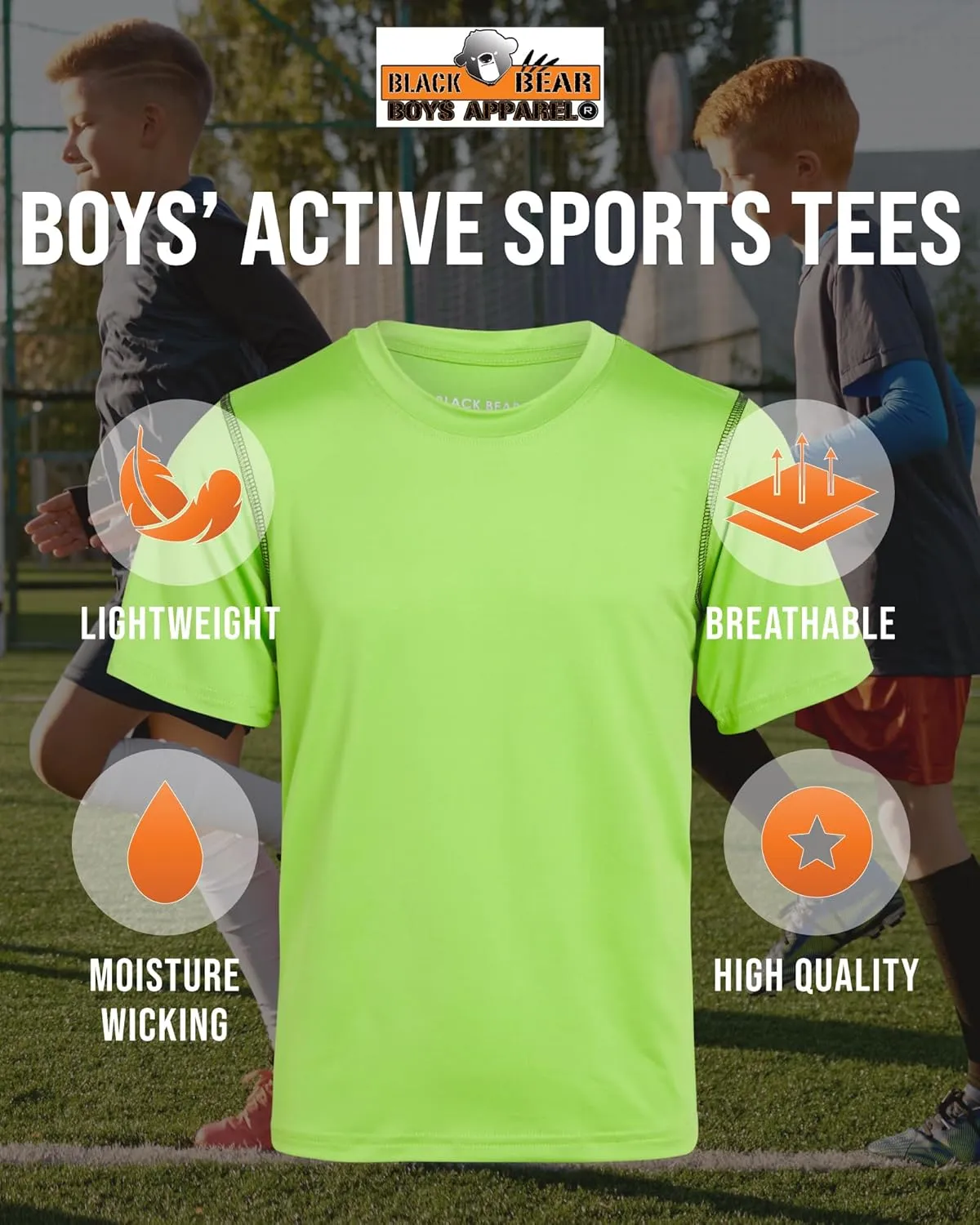 Black Bear Boys Youth Dry Fit T-Shirt - 4 Pack Active Athletic Performance Short Sleeve Shirts for Teens (Sizes: 4-18)