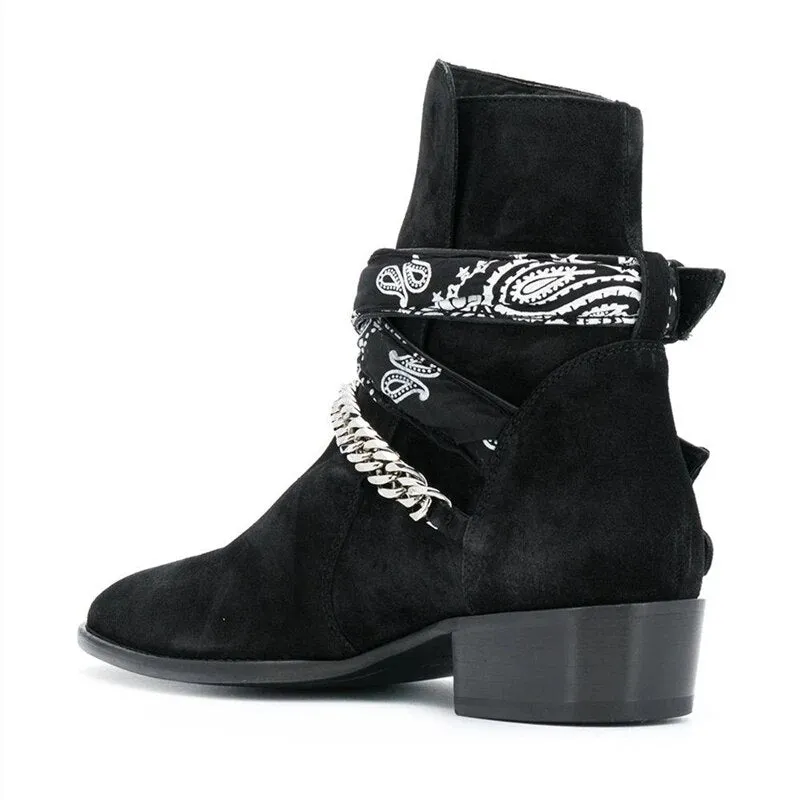 Black Suede Bandana Chain Ankle Boots