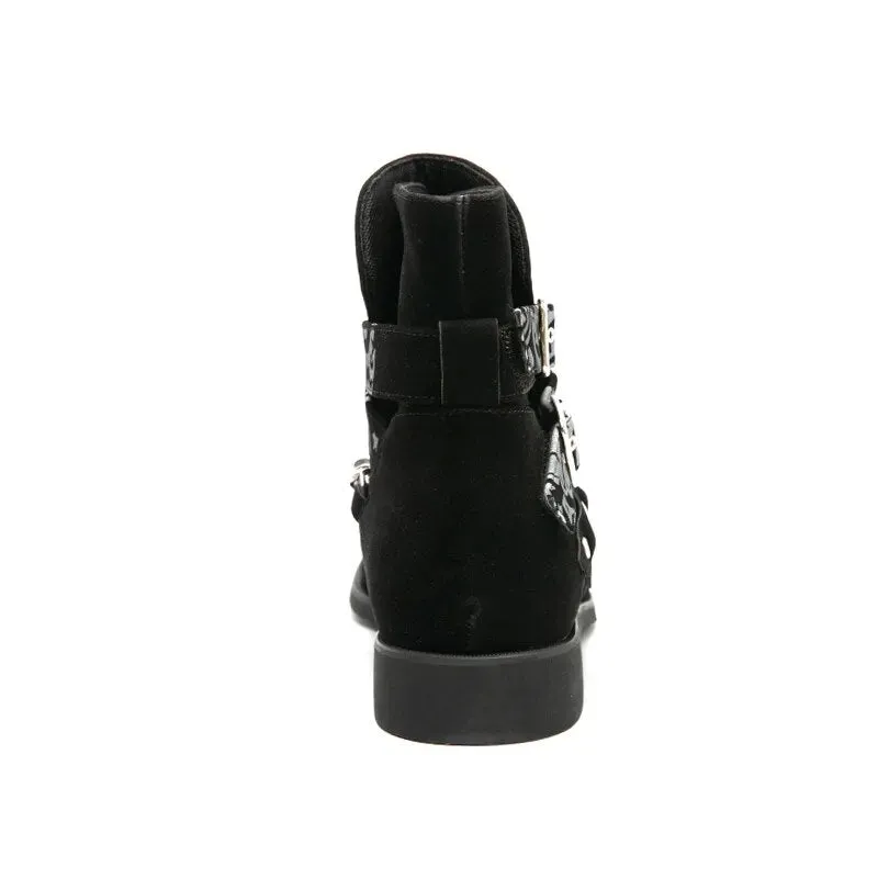Black Suede Bandana Chain Ankle Boots