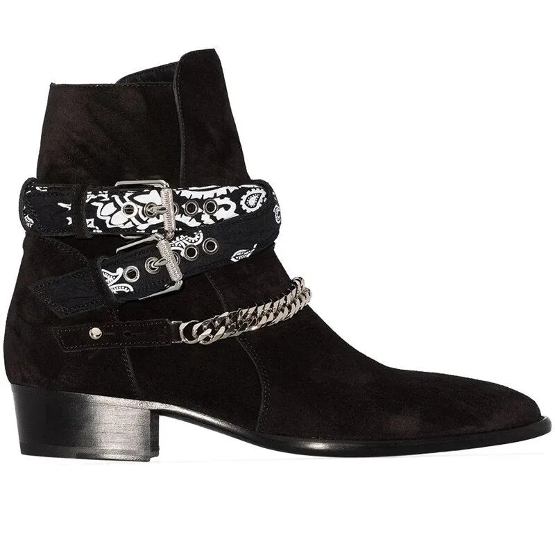 Black Suede Bandana Chain Ankle Boots