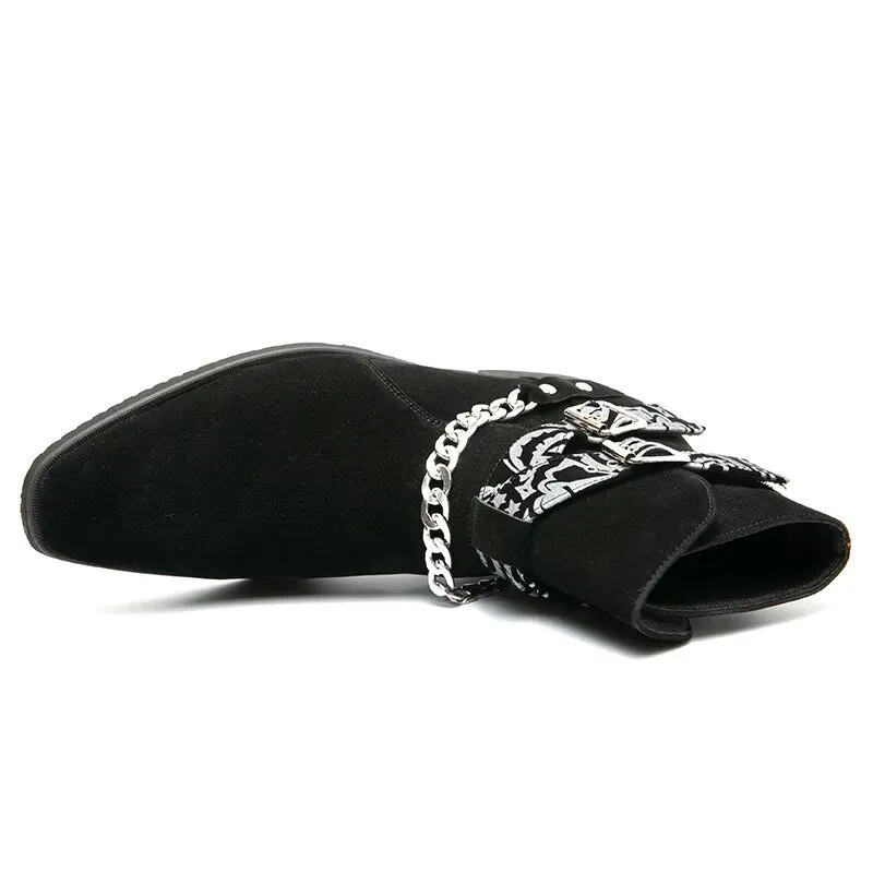 Black Suede Bandana Chain Ankle Boots