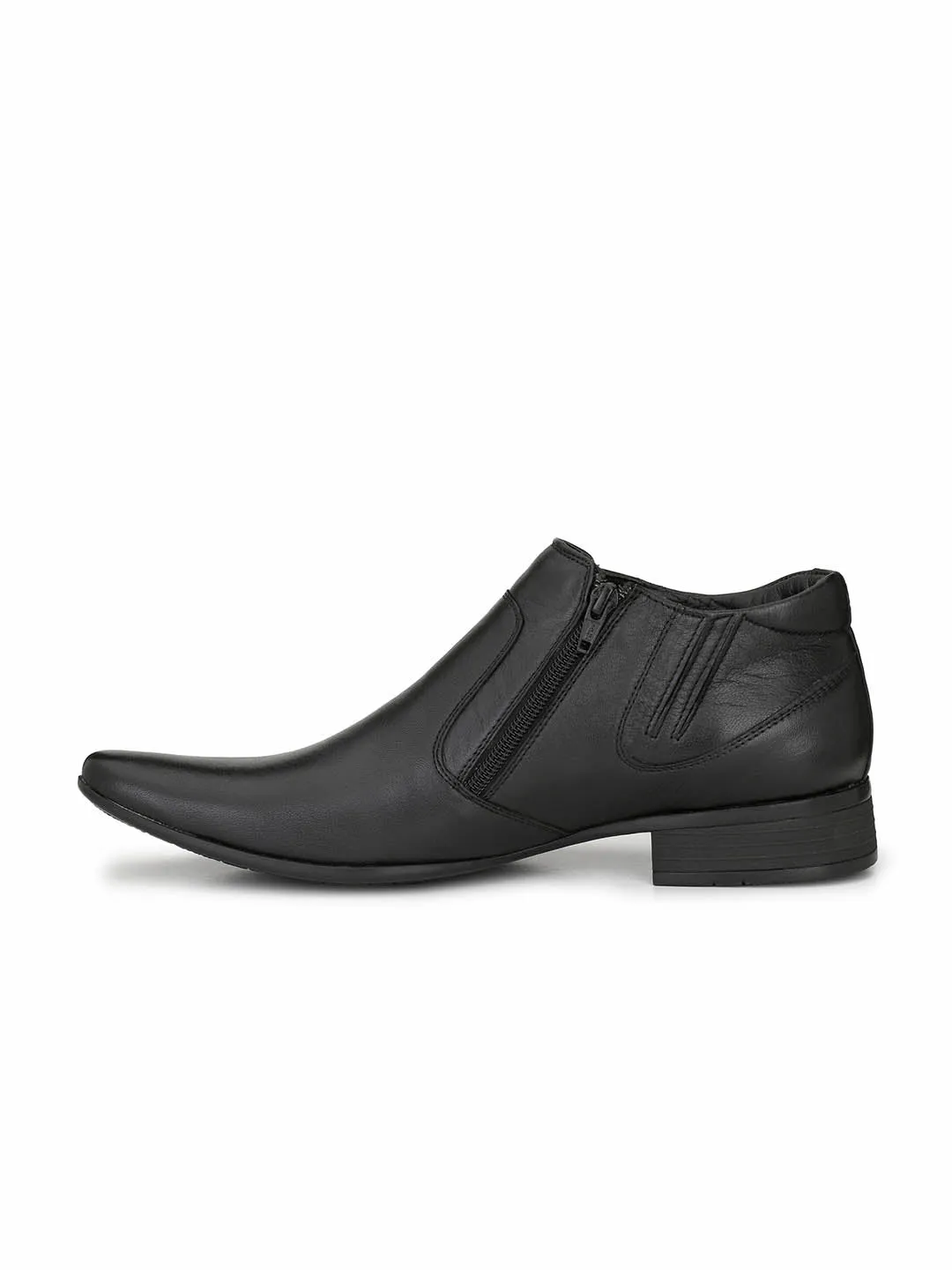 Hitz Men's Black Leather Formal Ankle Shoes with Zip Closure