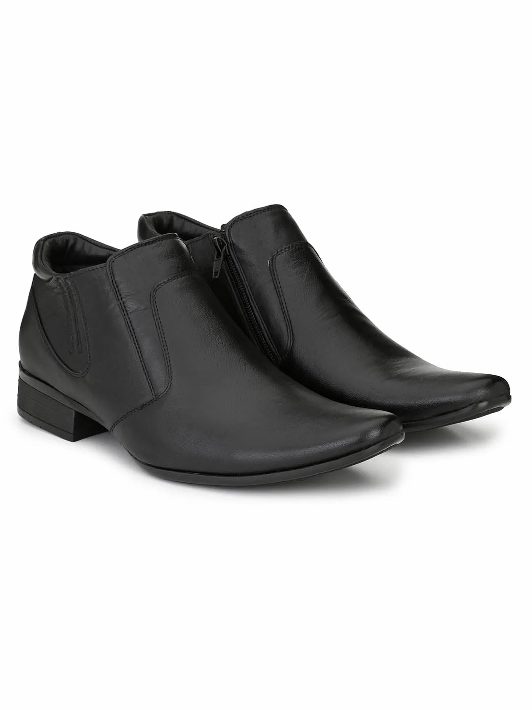 Hitz Men's Black Leather Formal Ankle Shoes with Zip Closure