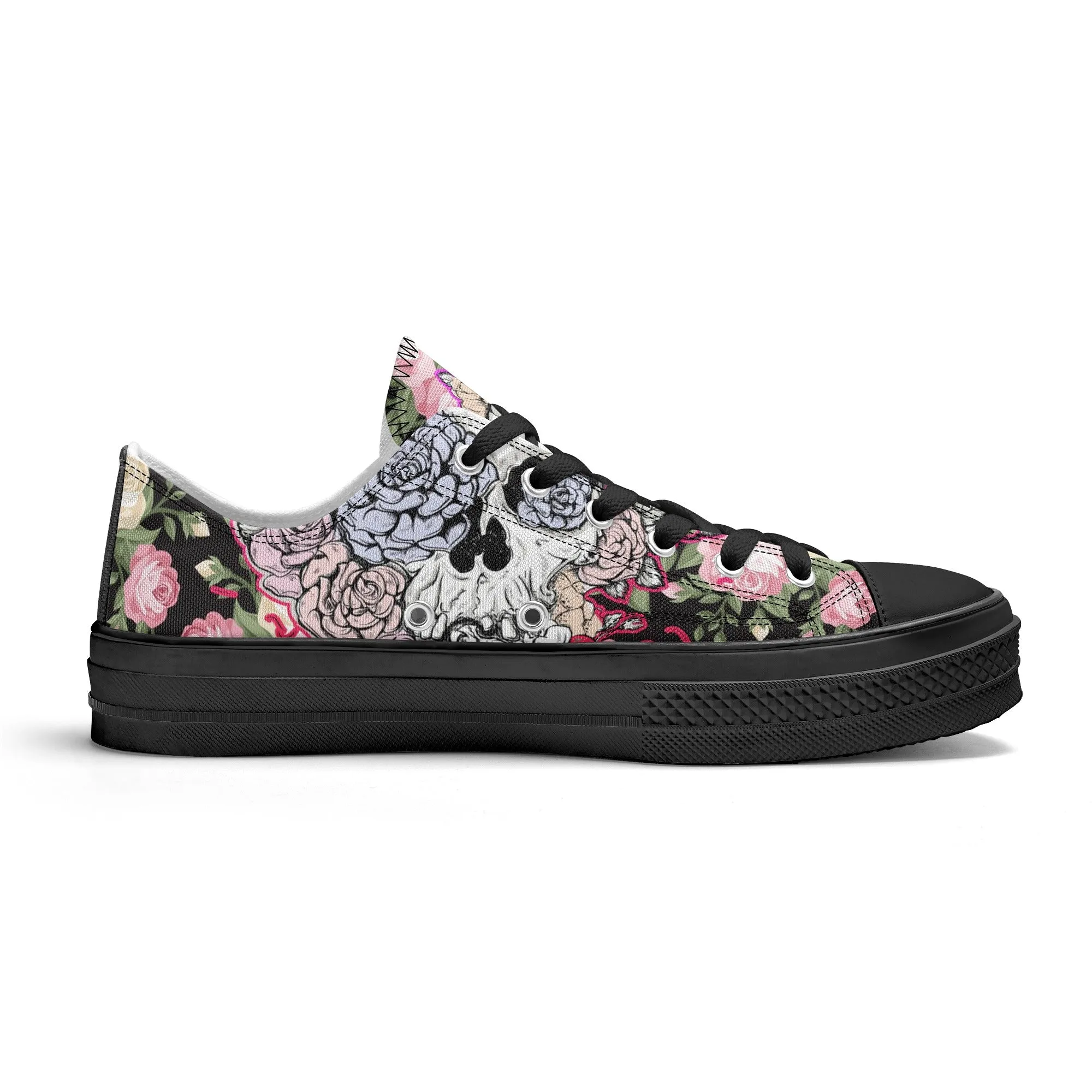 Skull & Roses Pattern - Womens Classic Low Top Canvas Shoes for Footwear Lovers