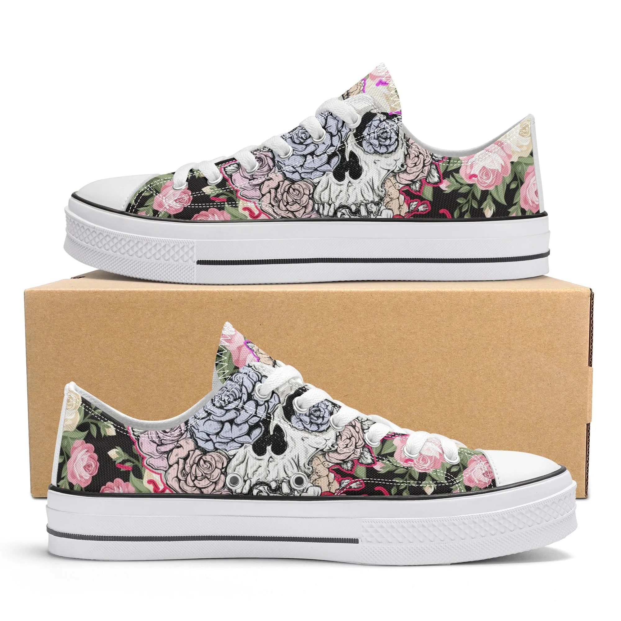 Skull & Roses Pattern - Womens Classic Low Top Canvas Shoes for Footwear Lovers