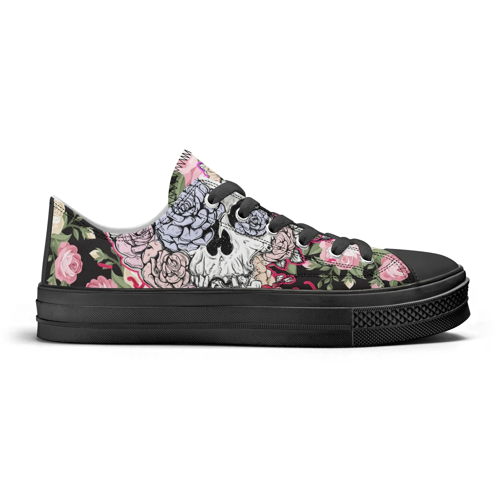 Skull & Roses Pattern - Womens Classic Low Top Canvas Shoes for Footwear Lovers