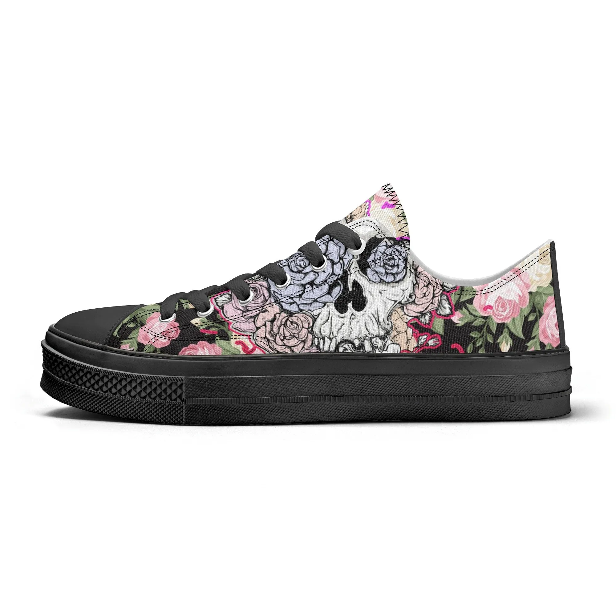 Skull & Roses Pattern - Womens Classic Low Top Canvas Shoes for Footwear Lovers