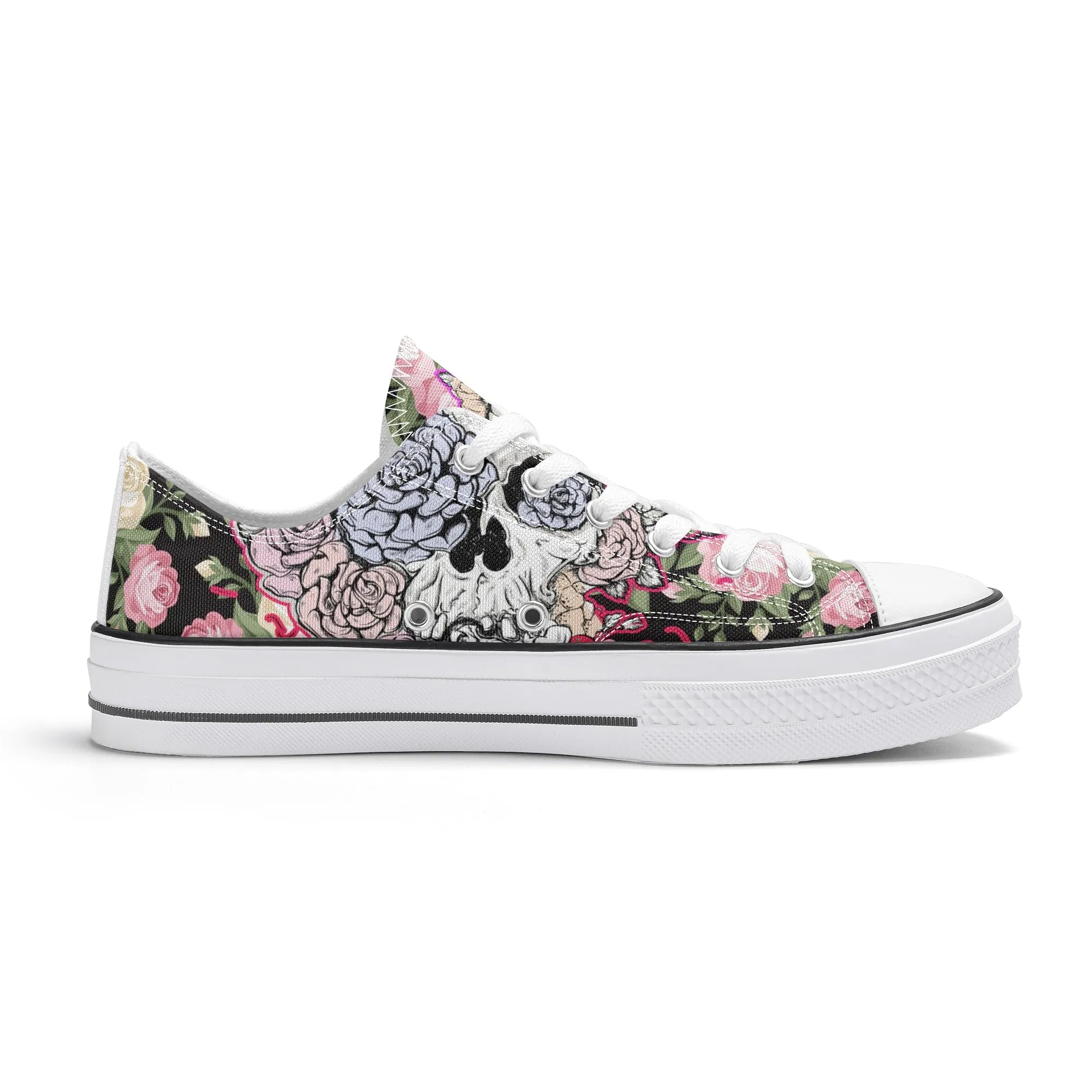 Skull & Roses Pattern - Womens Classic Low Top Canvas Shoes for Footwear Lovers