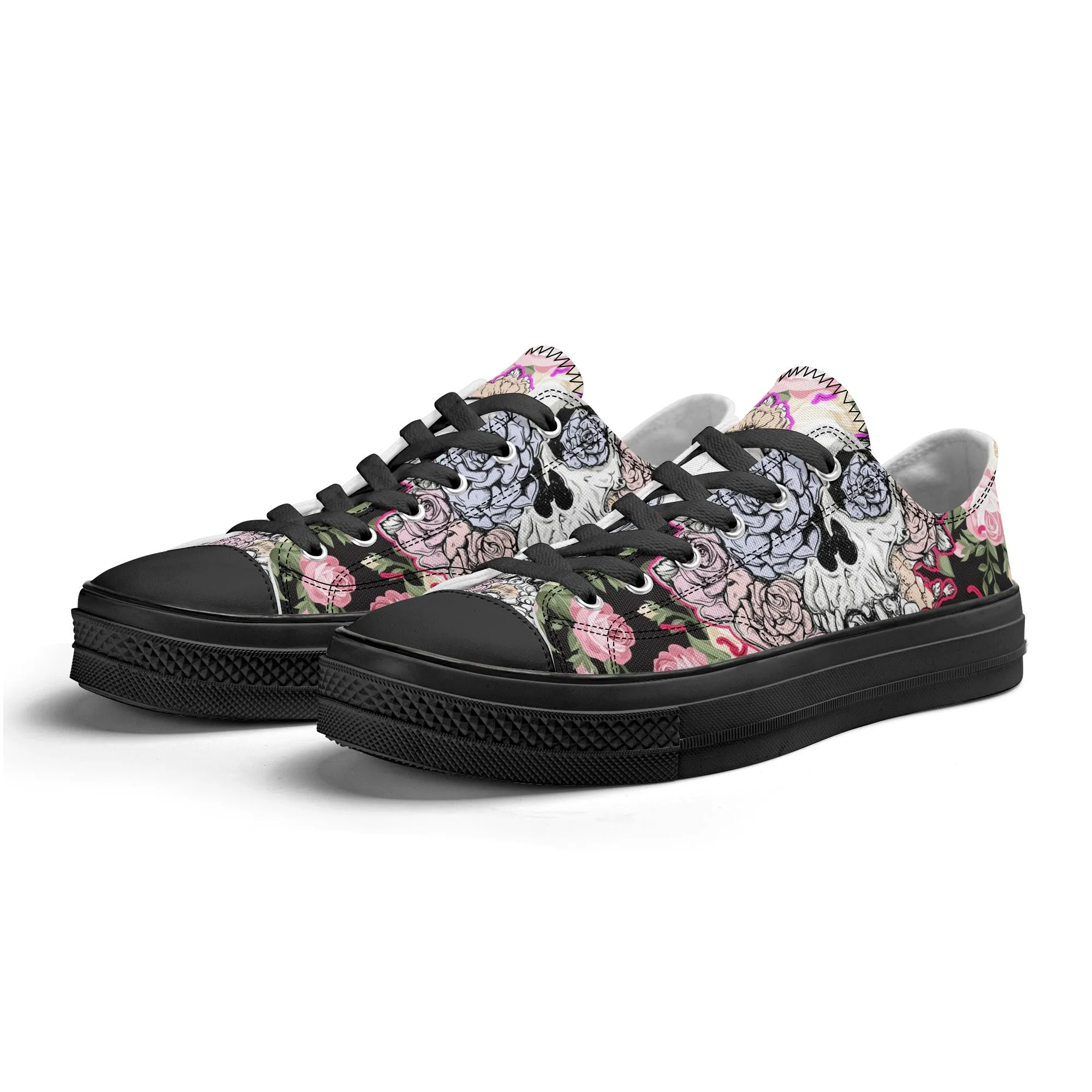 Skull & Roses Pattern - Womens Classic Low Top Canvas Shoes for Footwear Lovers