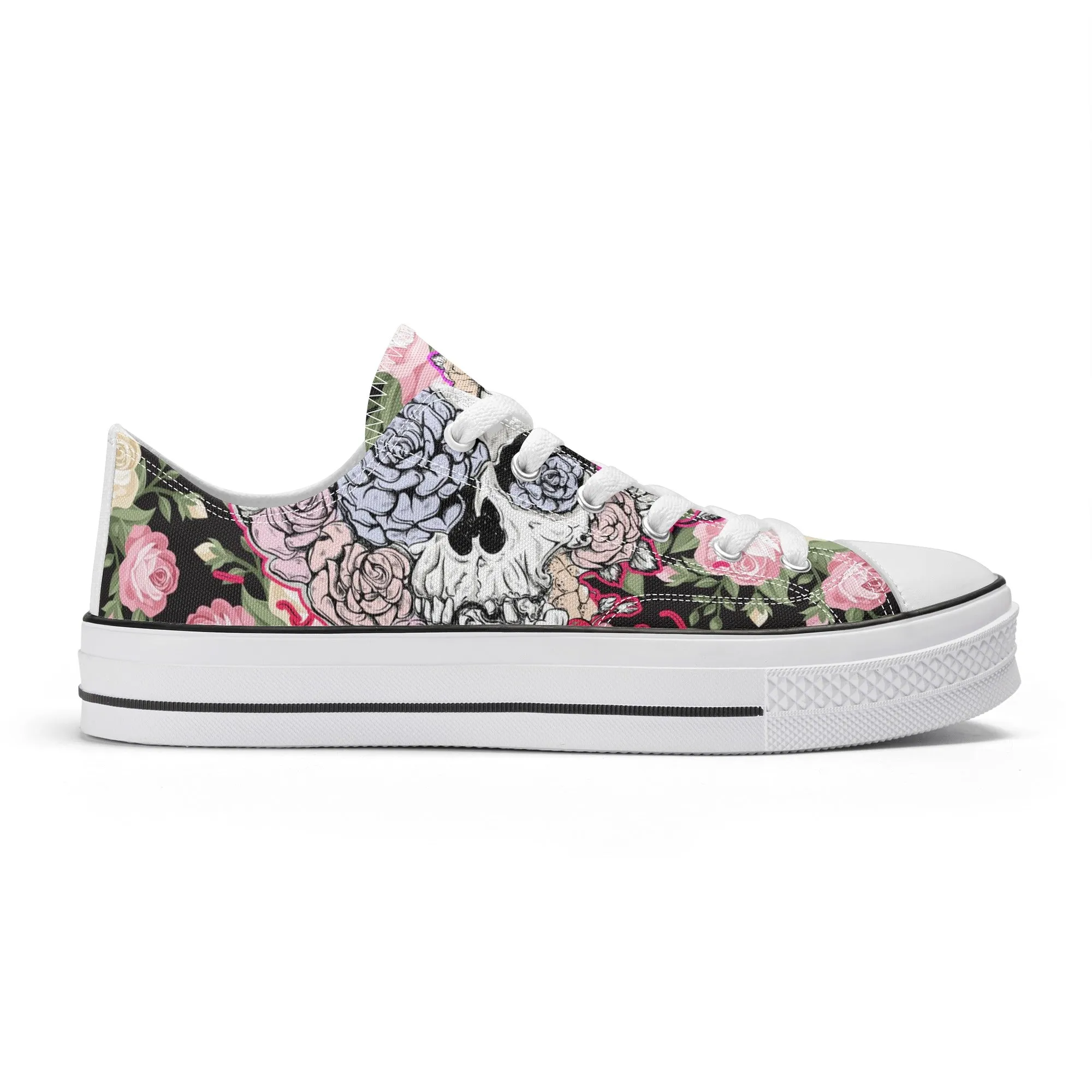 Skull & Roses Pattern - Womens Classic Low Top Canvas Shoes for Footwear Lovers