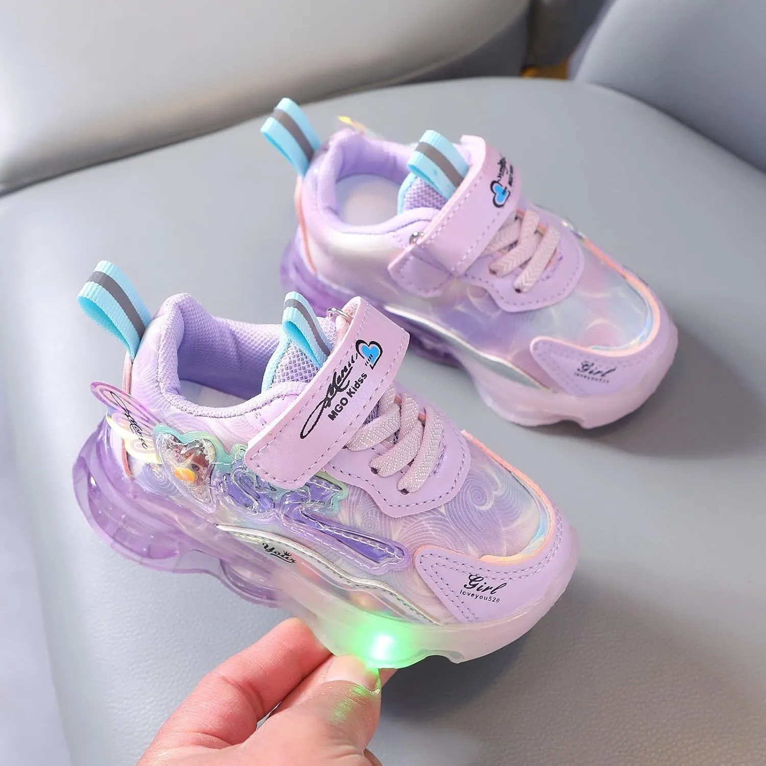 Sneakers for Girls Light Up Hook and Loop Shoes LED Flashing Lightweight Mesh Breathable Adorable Running Sneakers for Kids