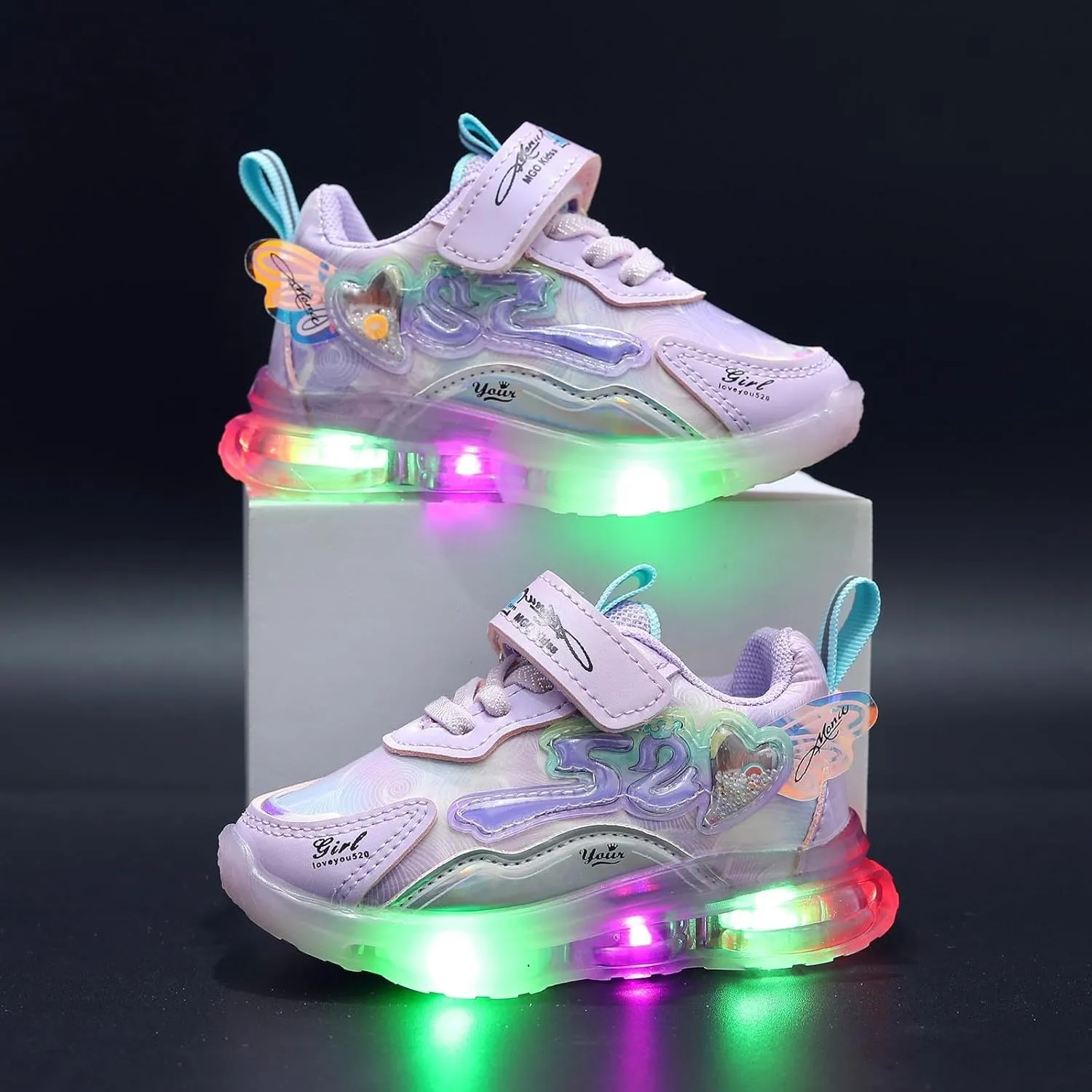 Sneakers for Girls Light Up Hook and Loop Shoes LED Flashing Lightweight Mesh Breathable Adorable Running Sneakers for Kids