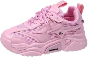 Women's Solid Color Mesh Sneakers, Lace Up Breathable Platform Casual Trainers, Versatile Low-top White Shoes
